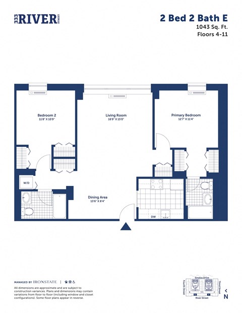 Floor plan for 2 beds, 2 baths, 1043 sqft
